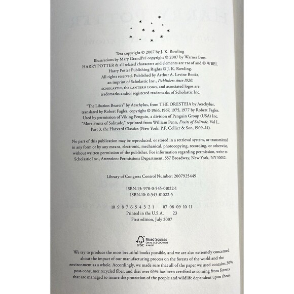 Harry Potter and the Deathly Hallows by J. K. Rowling 2007 First Edition - Picture 5 of 9